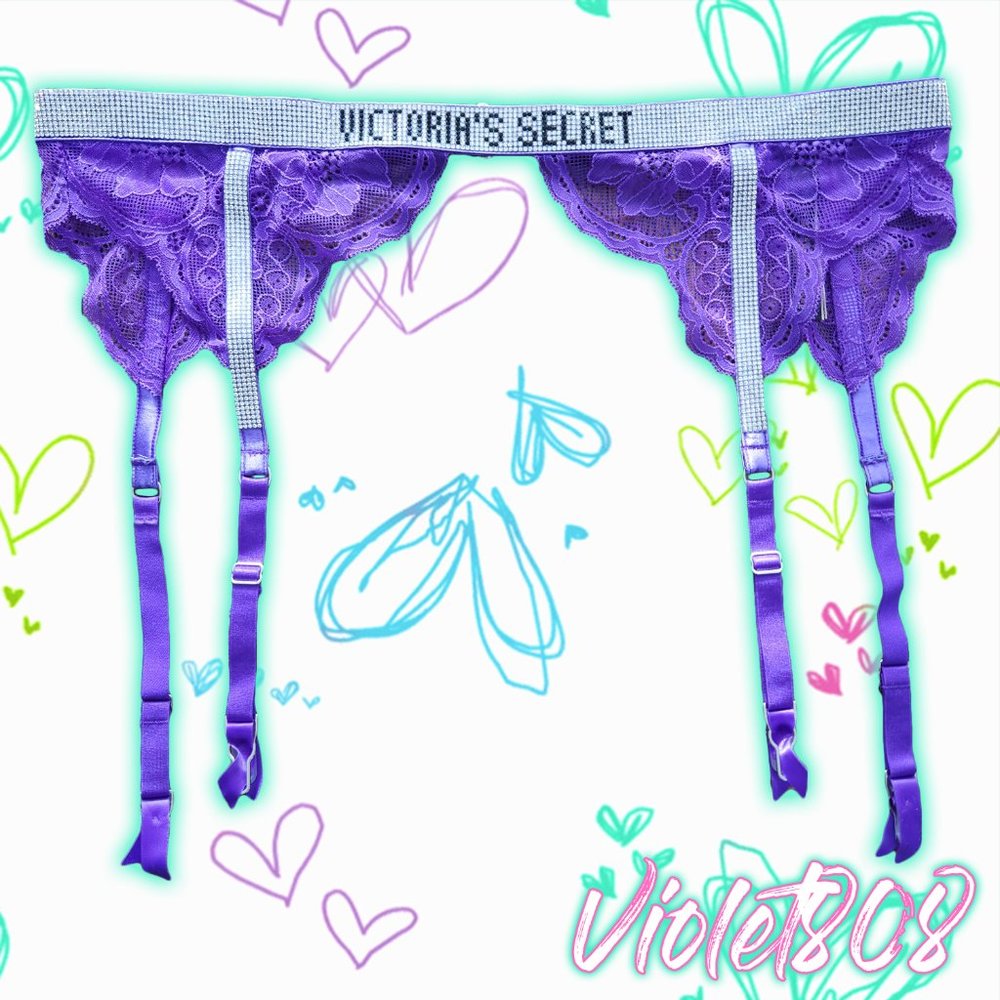 [M/L] Victoria's Secret Purple Floral Lace Sparkle Rhinestone Garter Belt